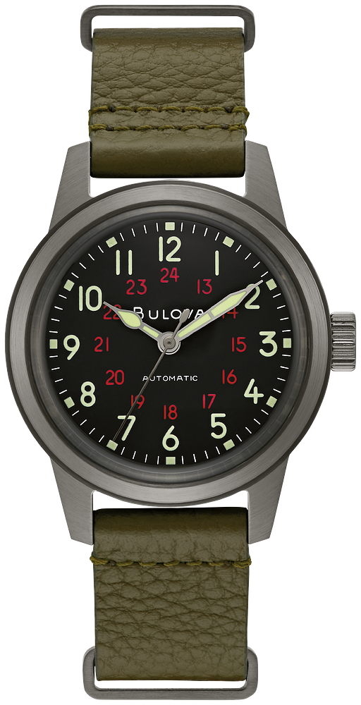 Bulova Military Style Automatic Hack Gunmetal Watch with Olive Green Leather Strap