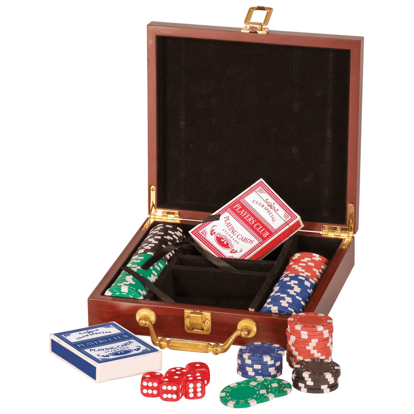 Rosewood Finish Travel Box Poker Set with 100 Chips, Two Card Decks and 5 Dice