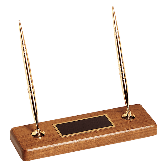 Solid Walnut Pen Stand with Goldtone Ballpoint Pens & Name Plate