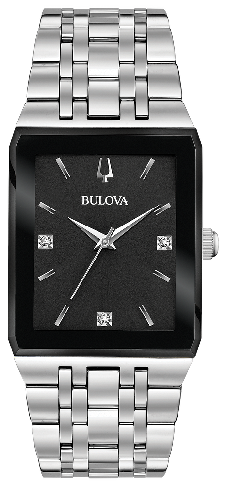 Bulova Quadra Silver, Diamond & Black Dial Tank Watch