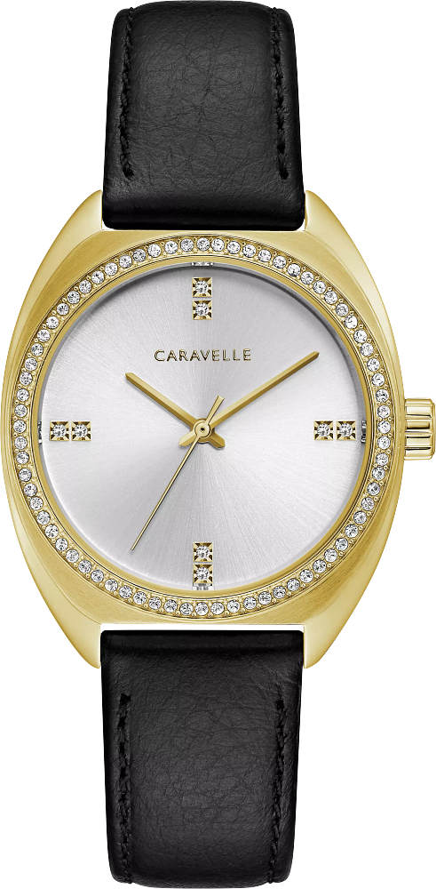 Caravelle by Bulova Ladies Retro Gold Watch with Black Leather Strap