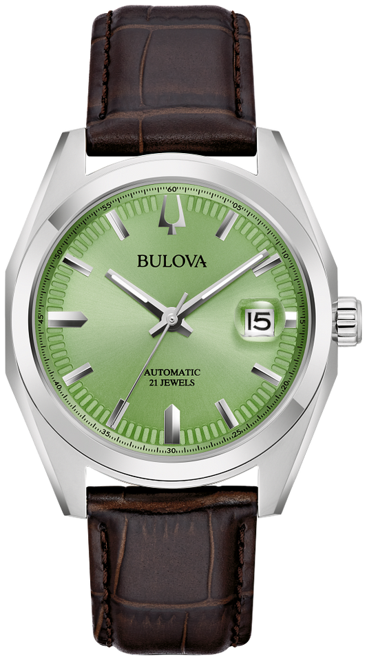 Bulova Surveyor Green Dial Silver Automatic Watch with Dark Brown Leather Strap