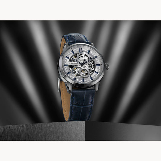 Bulova Sutton Skeleton Dial with Blue Leather Strap Automatic Watch