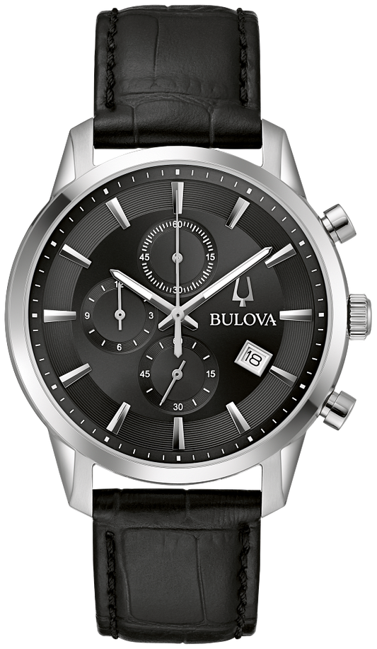 Bulova Sutton Stainless Steel & Black Leather Chronograph Watch