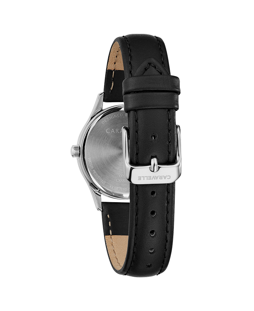 Caravelle by Bulova Ladies Traditional Stainless Steel & Black Leather Watch