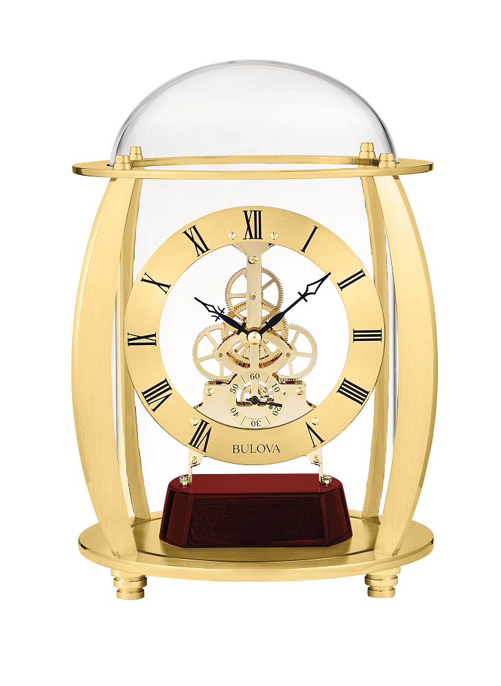 Bulova Victoria Gold Skeleton Clock in Glass Dome