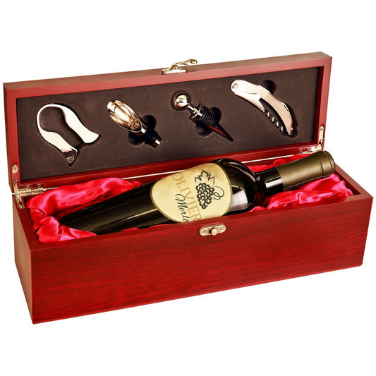 Rosewood Finish Wine Bottle Box with Tools and Red Cloth Interior