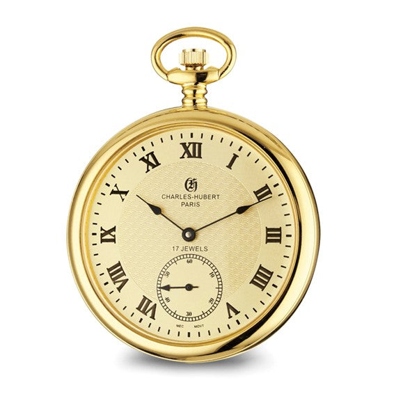 Charles Hubert Gold Open Face Mechanical Pocket Watch with Skeleton Back