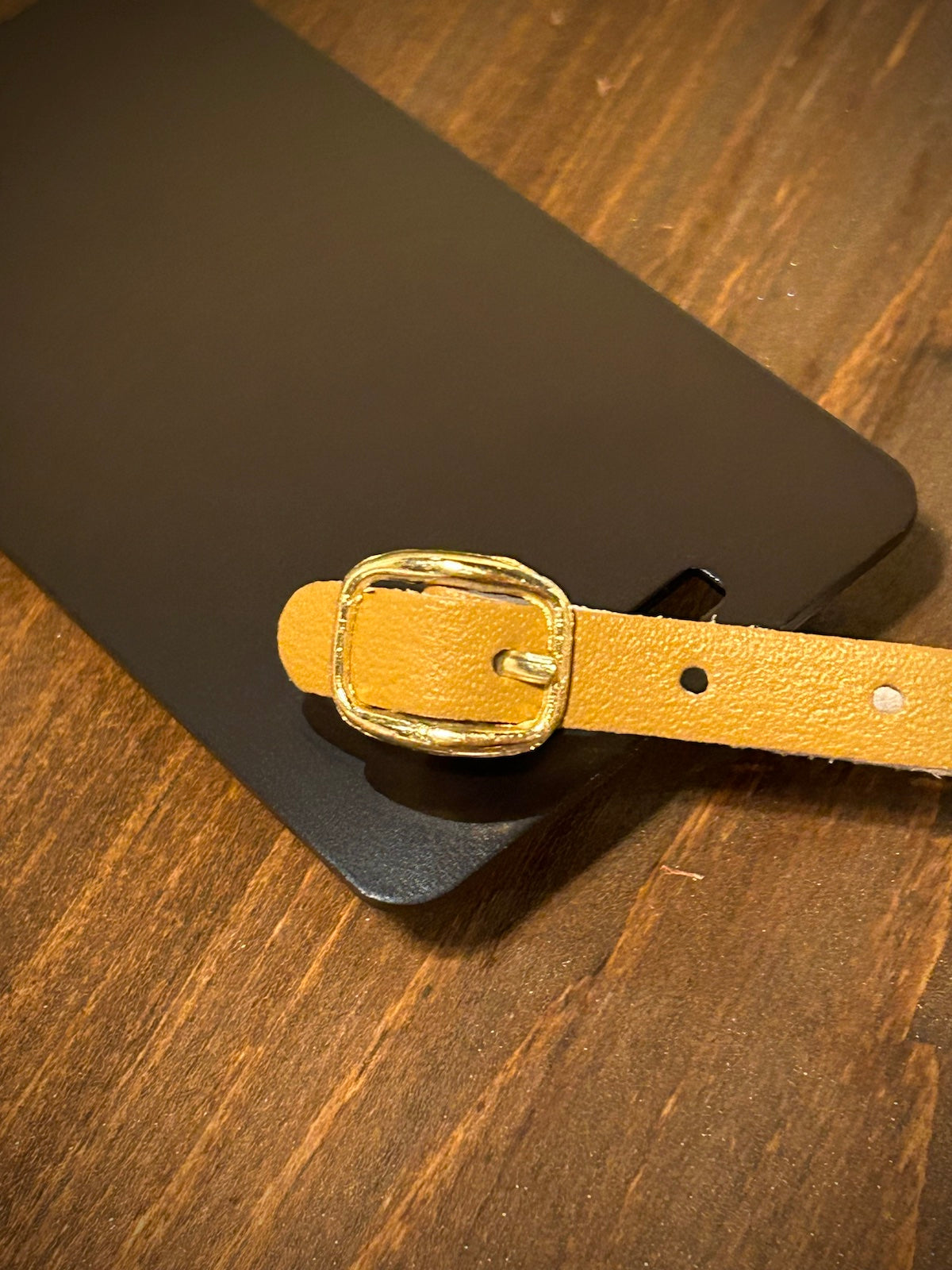 Black Anodized Aluminum Luggage Tag with Leather Strap