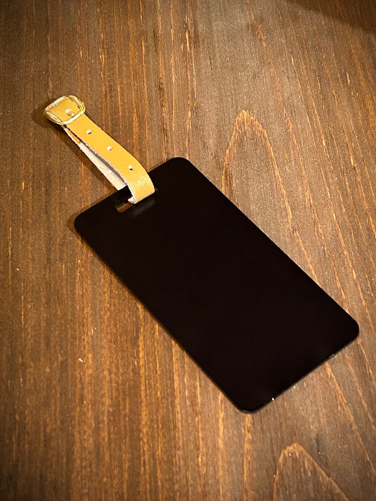 Black Anodized Aluminum Luggage Tag with Leather Strap