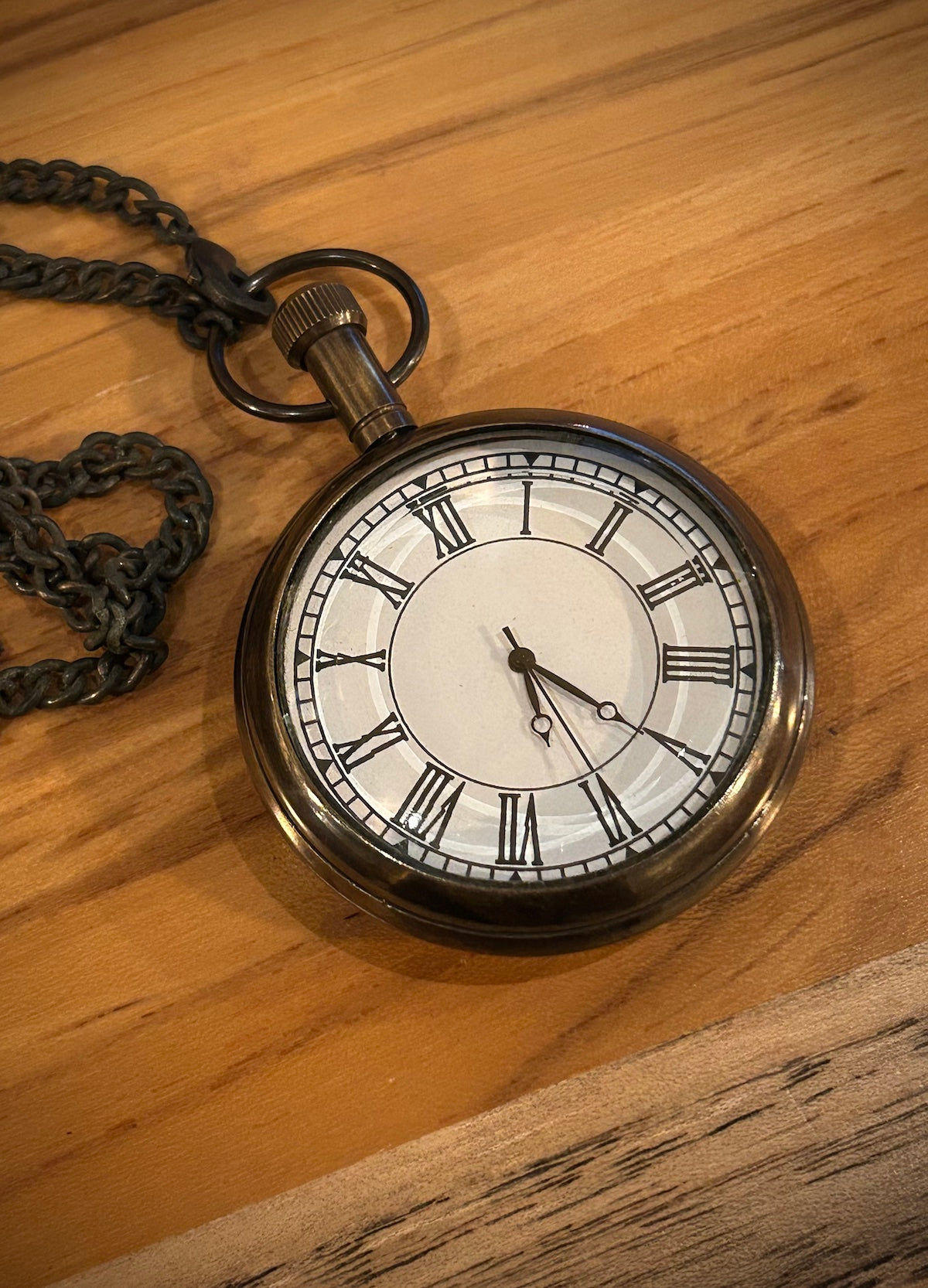 Antiqued Brass Pocket Watch in Wood Box