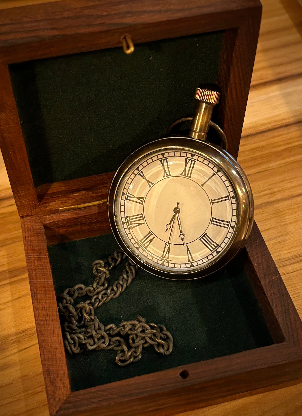 Antiqued Brass Pocket Watch in Wood Box
