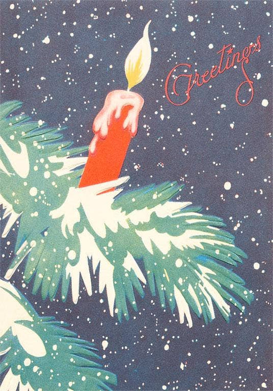 Christmas Greetings Candle on Pine Branch Vintage Image Postcard