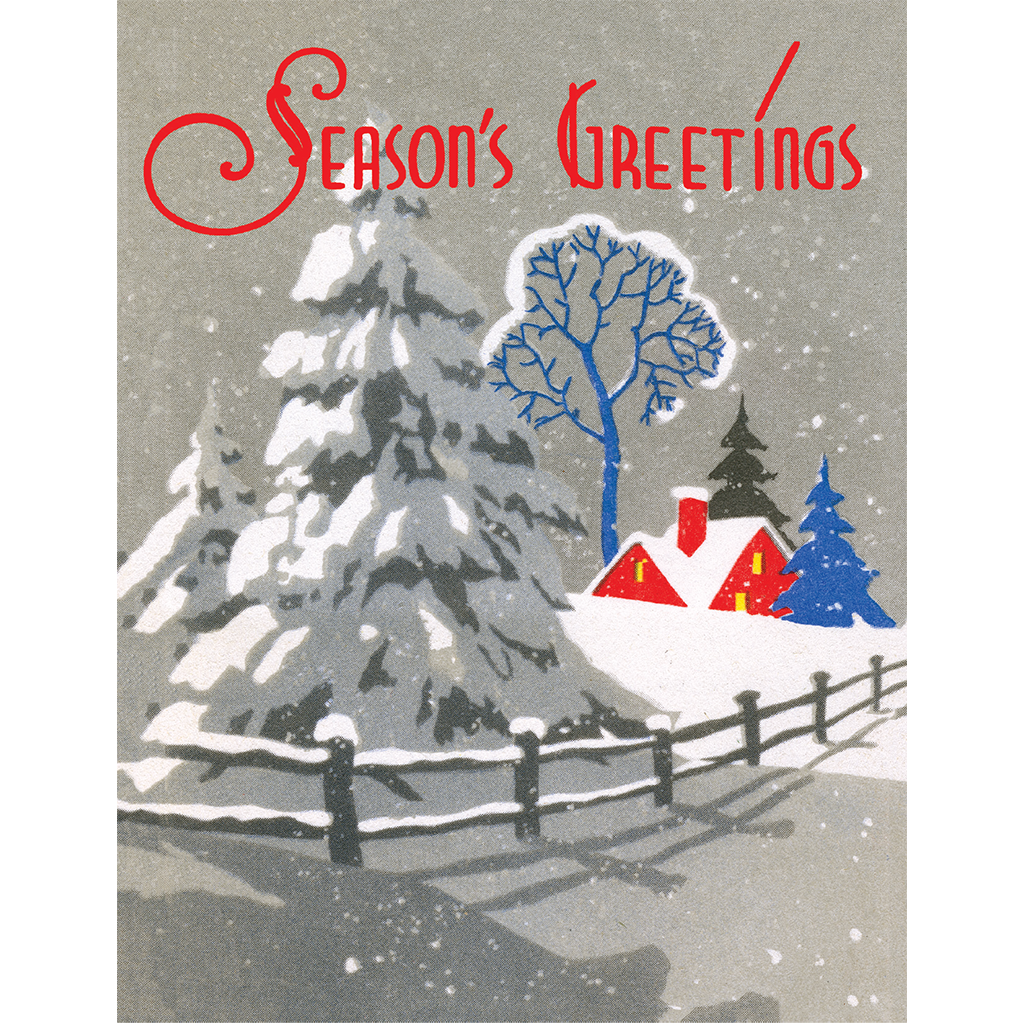 Red House & Blue Trees Retro Christmas Greeting Card