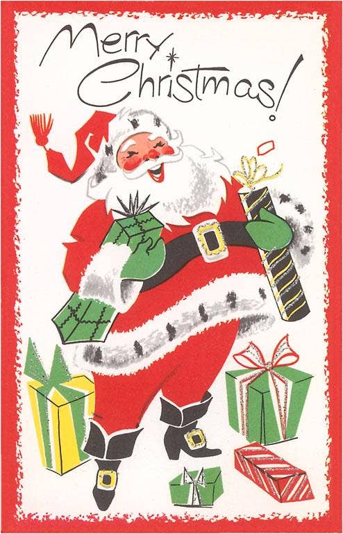 Retro Jolly Santa Claus with Gifts Christmas Card