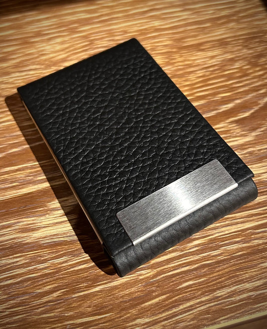 Black Leather Card Case with Flip Top Magnetic Closure