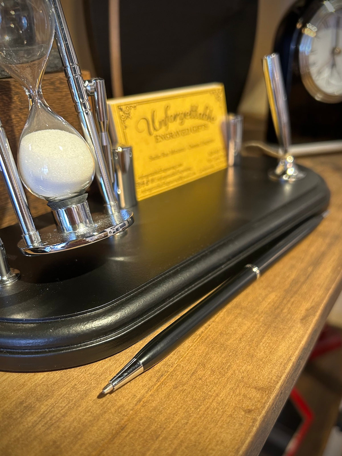 Black & Chrome Hourglass, Business Card & Pen Stand Desk Set
