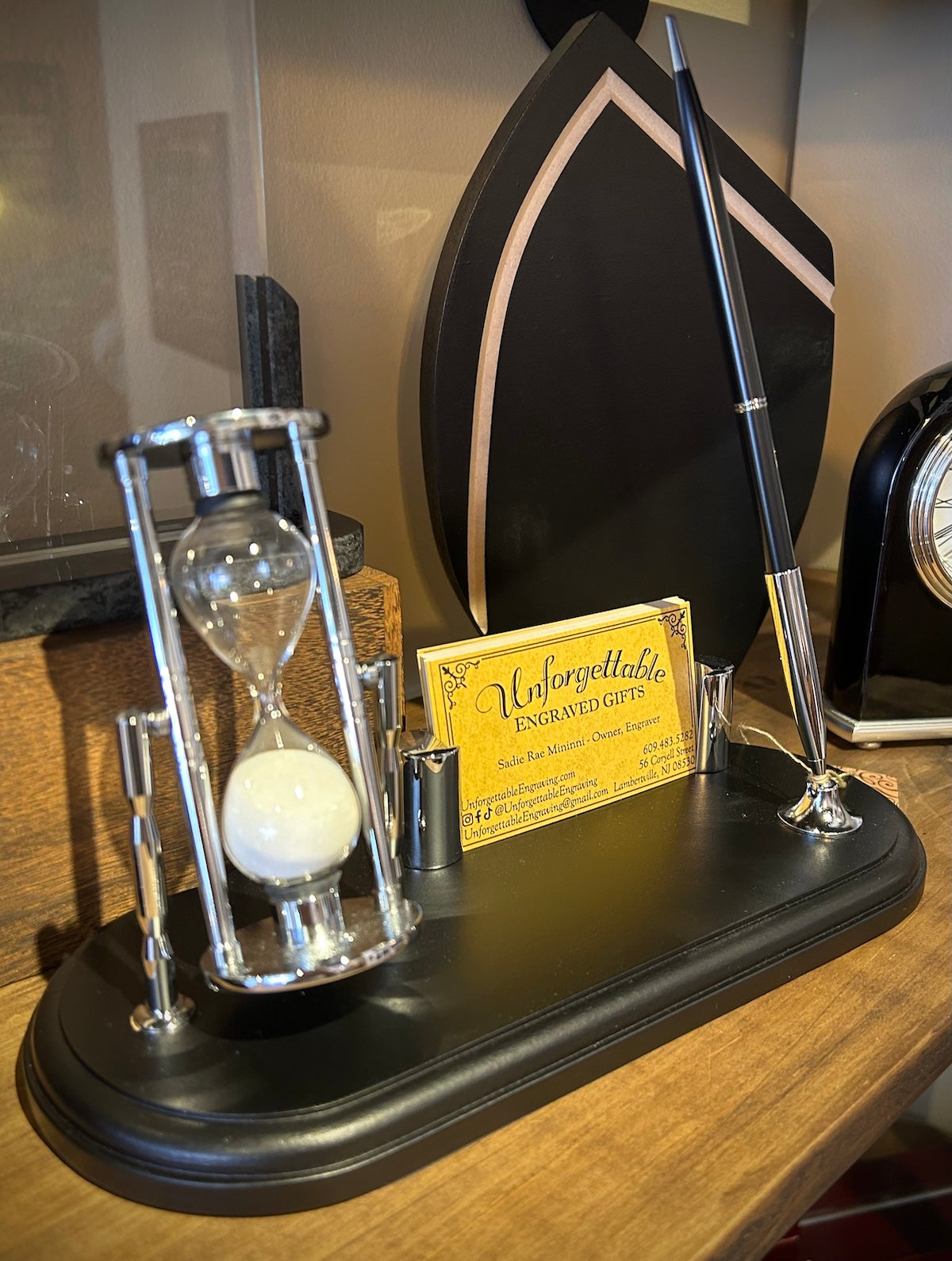 Black & Chrome Hourglass, Business Card & Pen Stand Desk Set