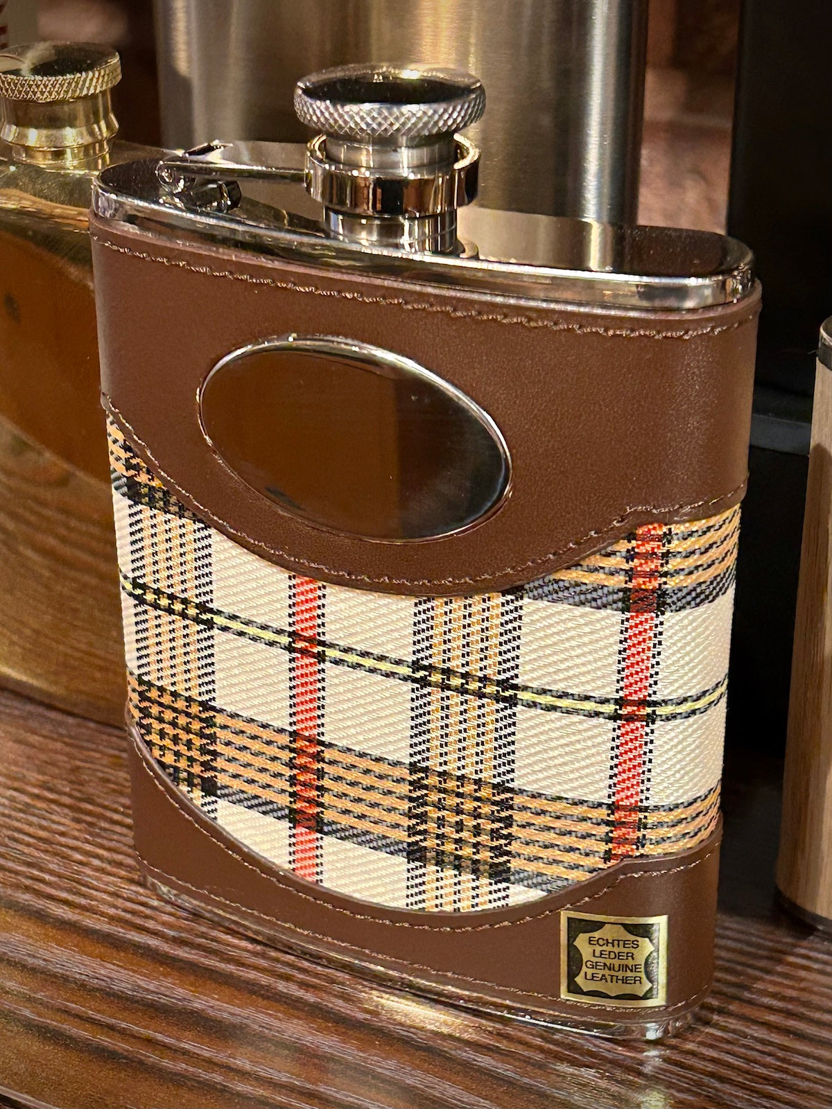 Brown Leather, Beige Plaid & Stainless Steel Flask