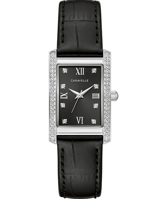 Caravelle by Bulova Ladies Dress Crystal Accent Tank Black Leather Watch