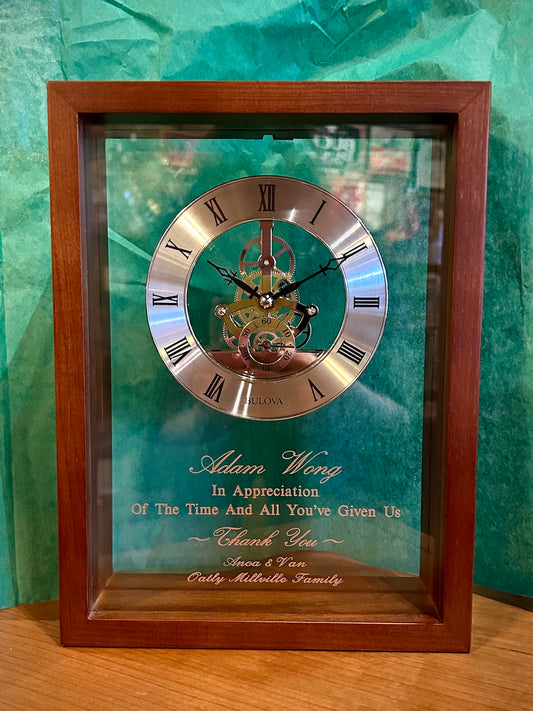 Bulova Engraver Hardwood Skeleton Clock