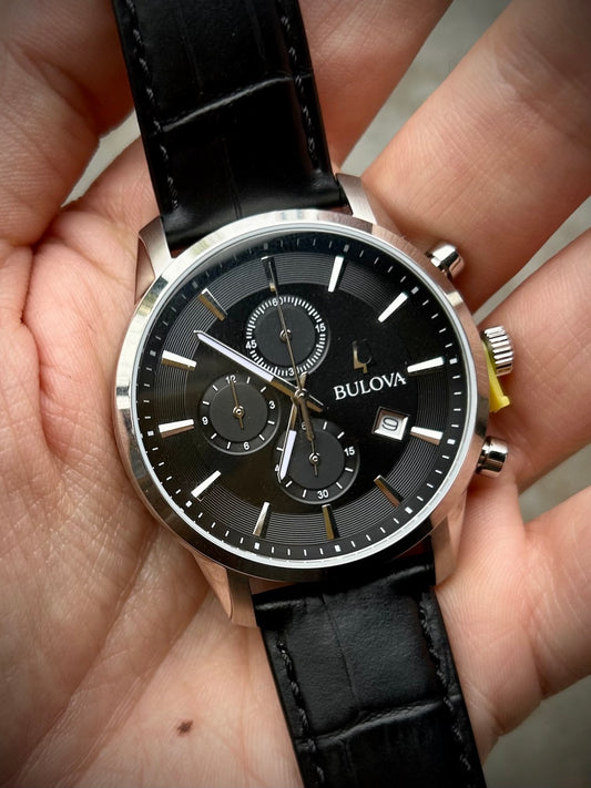 Bulova Sutton Stainless Steel & Black Leather Chronograph Watch
