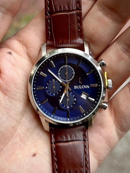 Bulova Sutton Stainless Steel, Blue Dial & Brown Leather Chronograph Watch