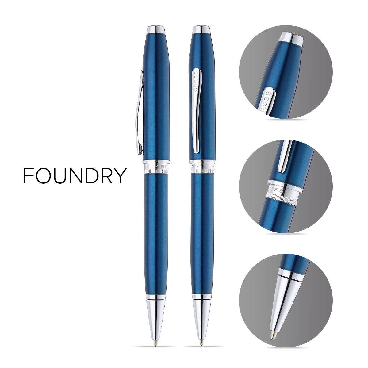 Cross Foundry Glossy Translucent Blue Lacquer with Polished Chrome Appointments Ballpoint Pen