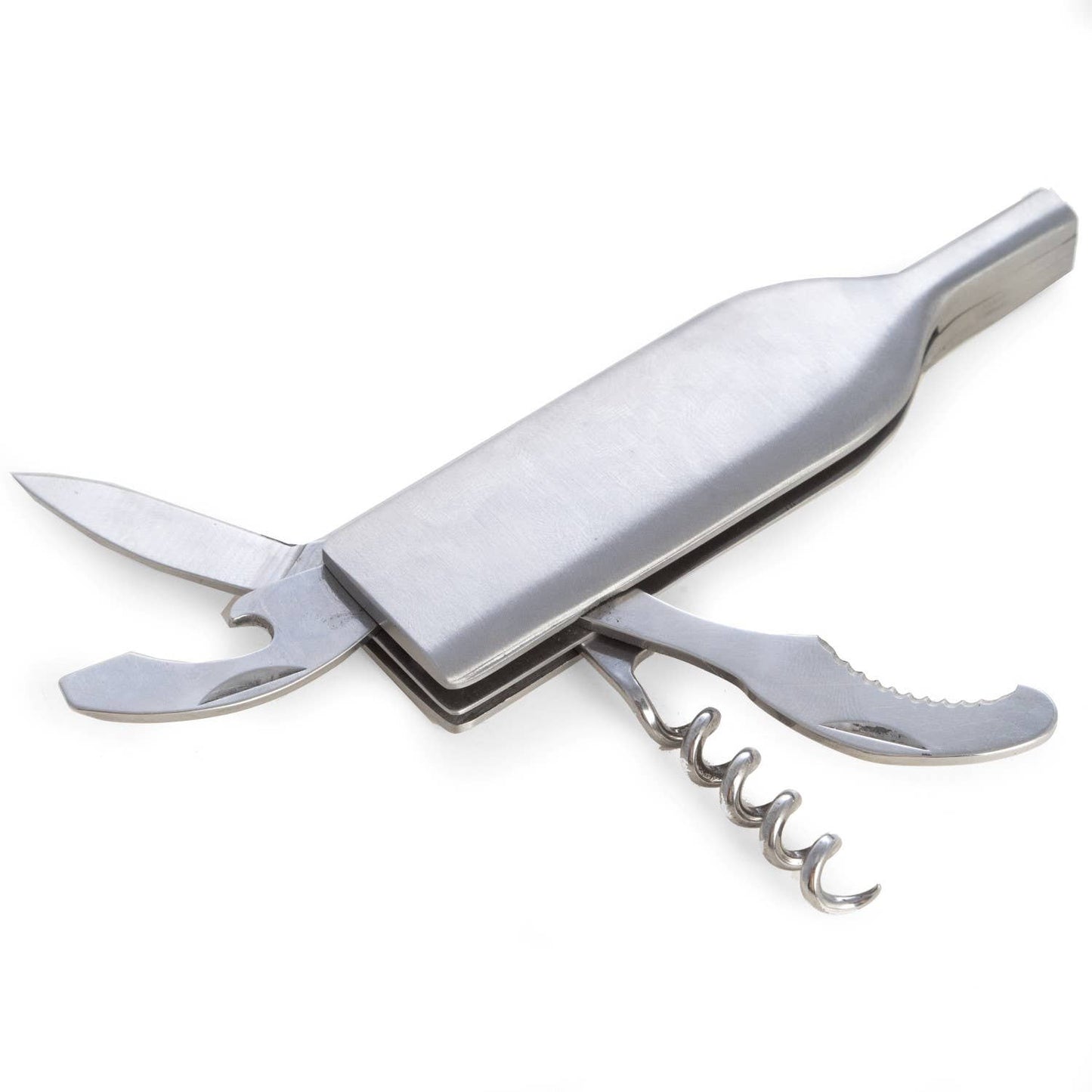 Bottle Shaped Stainless Steel Barware Multi-tool Corkscrew, Foil Cutter, Bottle Opener and Knife