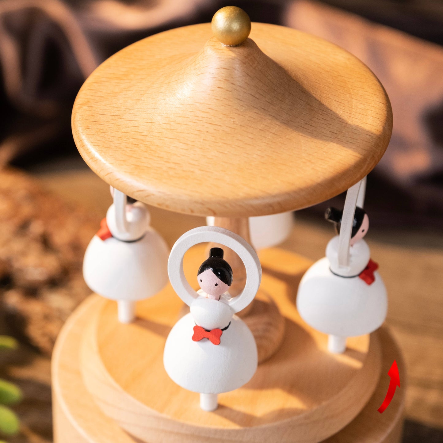 Wooden Red Bow Ballerina Girl Music Box Handcrafted Wind-Up