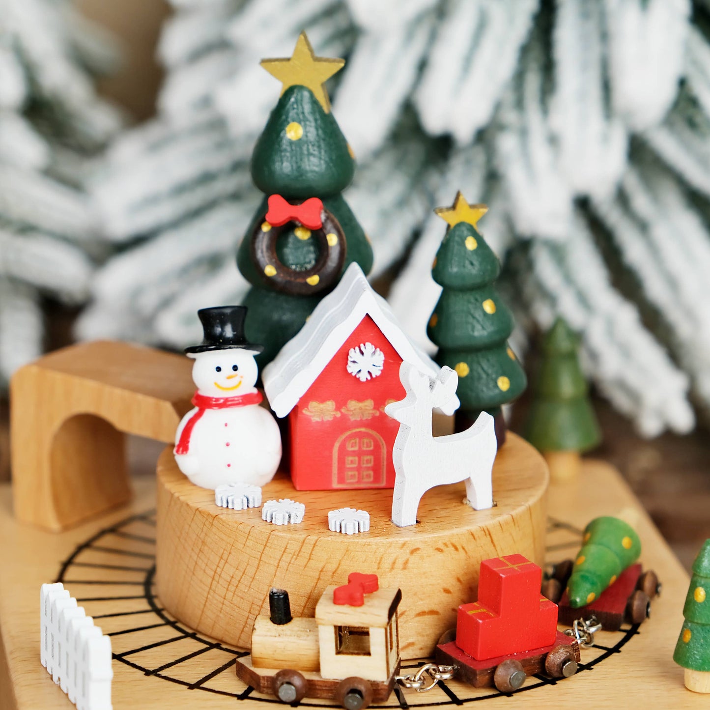 Handcrafted Wind-Up Wooden Christmas Train Music Box