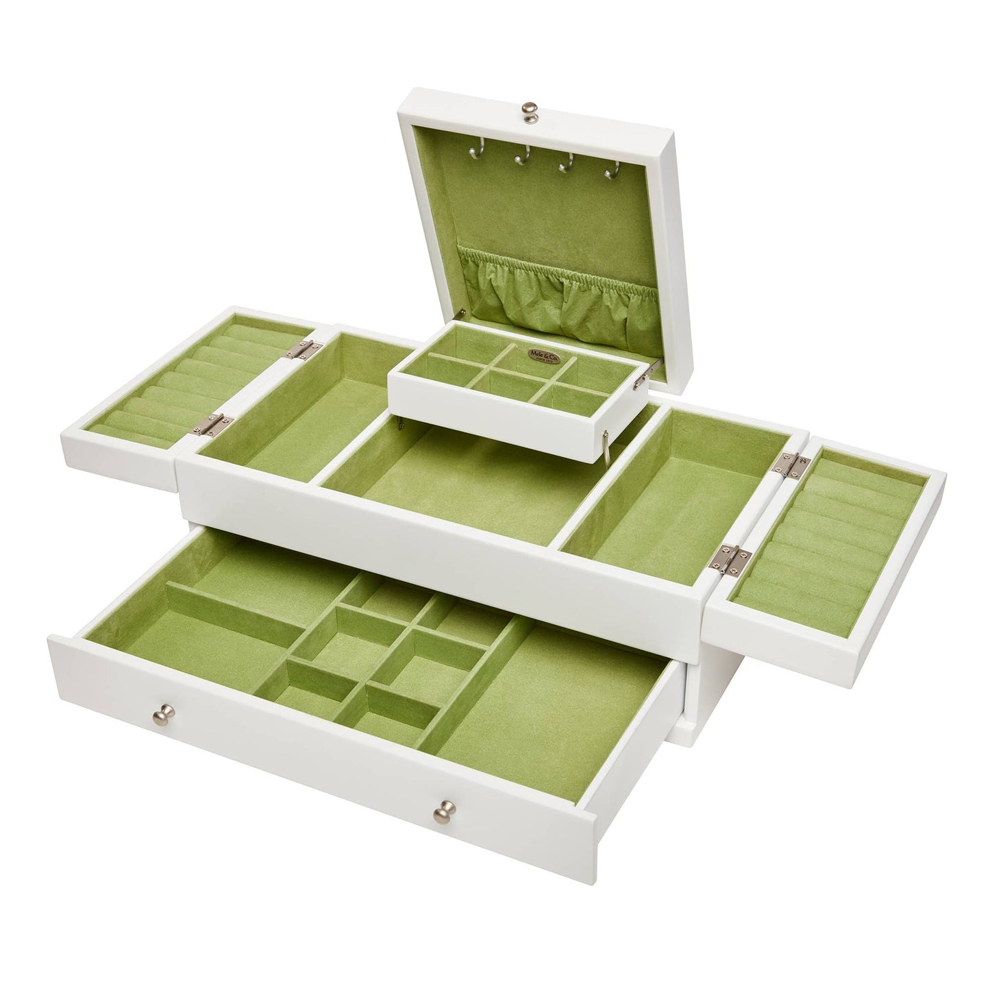 Mele & Co. "Everly" White Wooden Triple Lid Jewelry Box with Green Lining