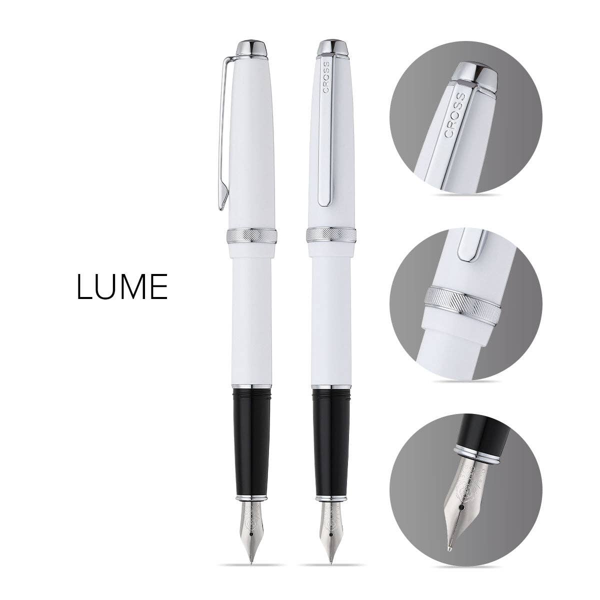 Cross Lume Porcelain White with Polished Chrome Appointments and Polished Chrome Stainless Steel Medium Nib Fountain Pen