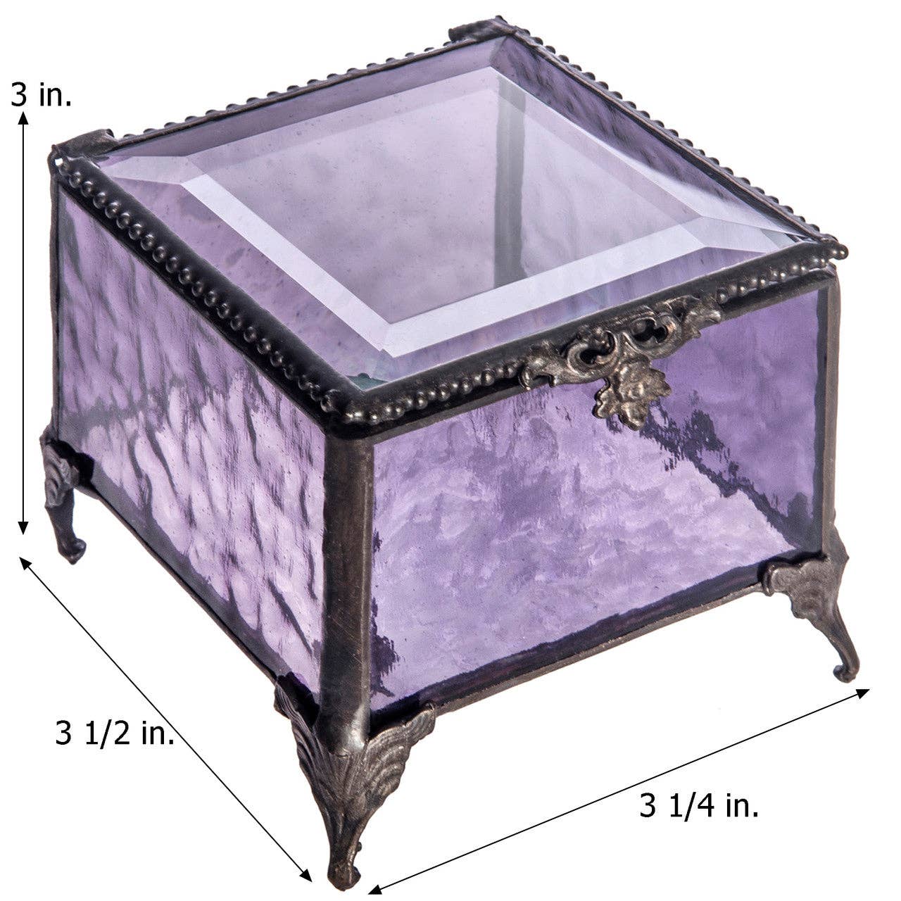 Purple Stained Glass Jewelry Box with Beveled Lid & Filigree Lift