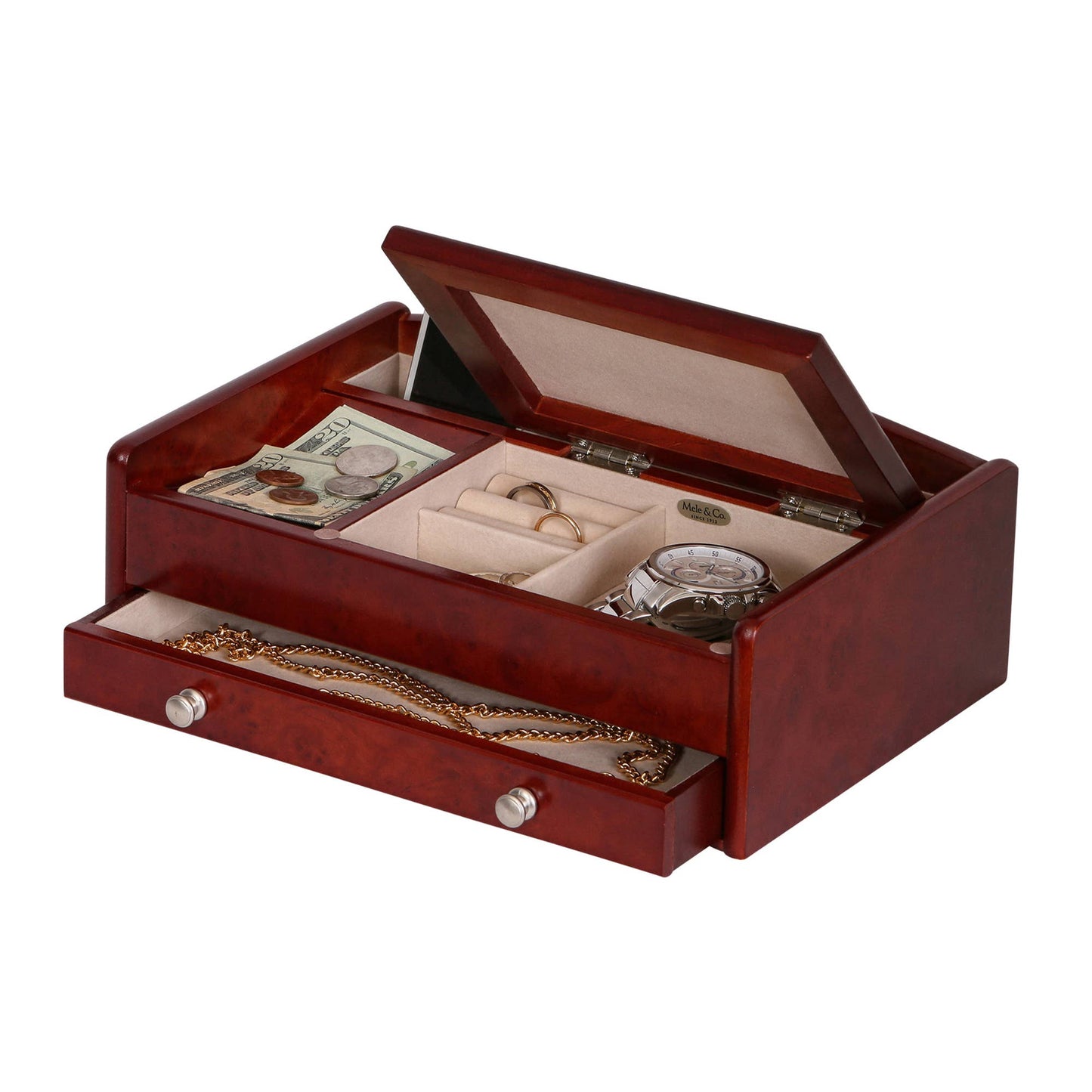 Mele & Co. "Davin" Men’s Dresser Valet Burlwood Wooden Jewelry Box