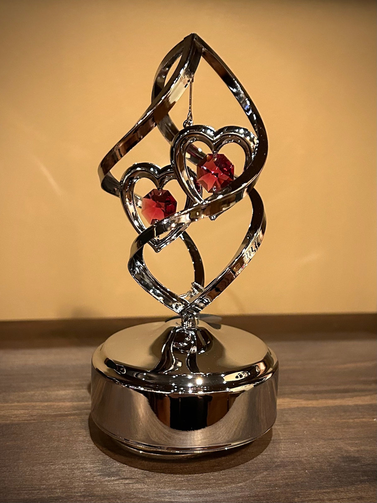 Chrome Revolving Musical Twin Hearts Spiral with Red Swarovski Crystals