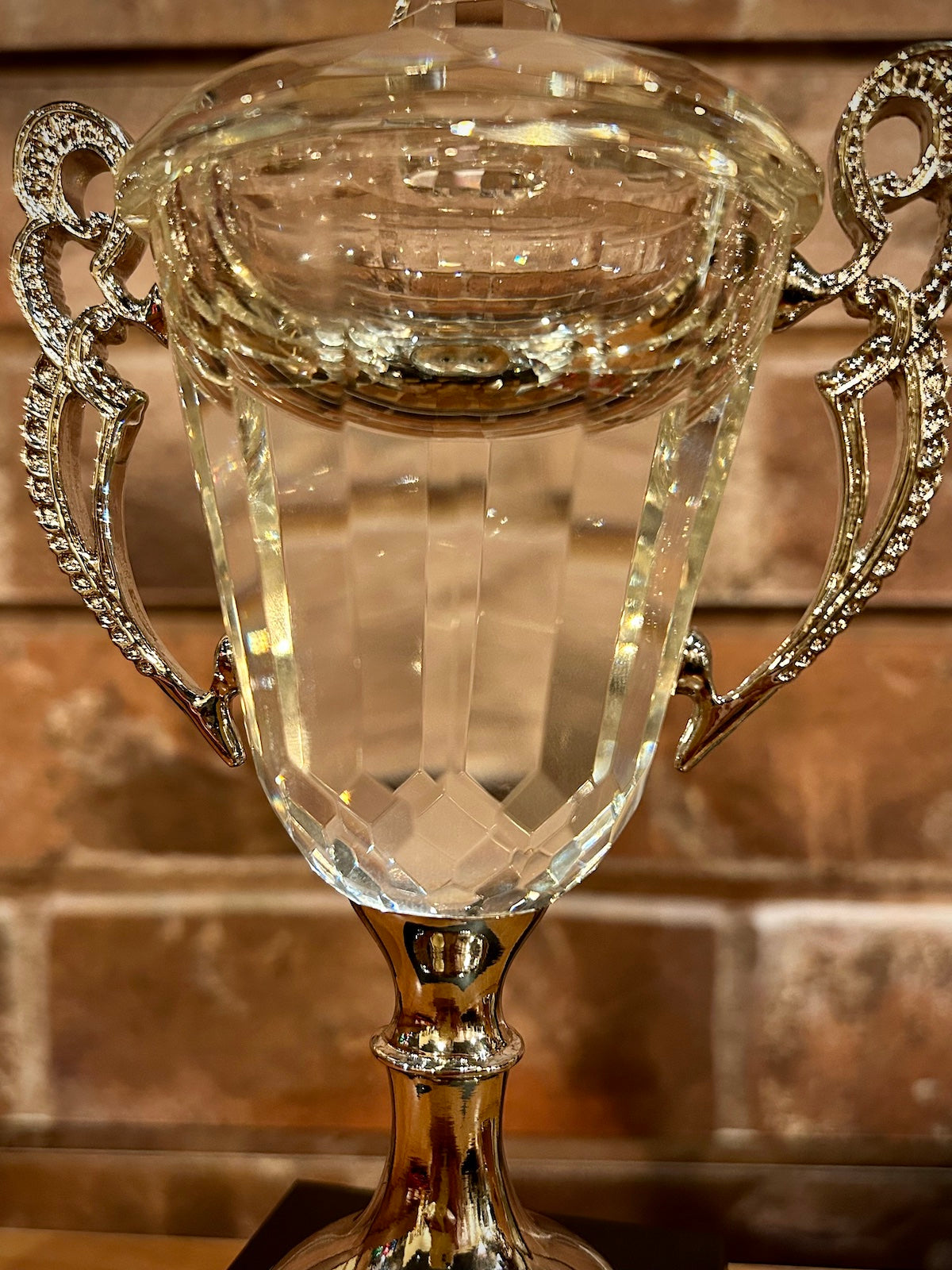 Crystal Trophy Cup with Silver Handles & Stem on Black Marble Base