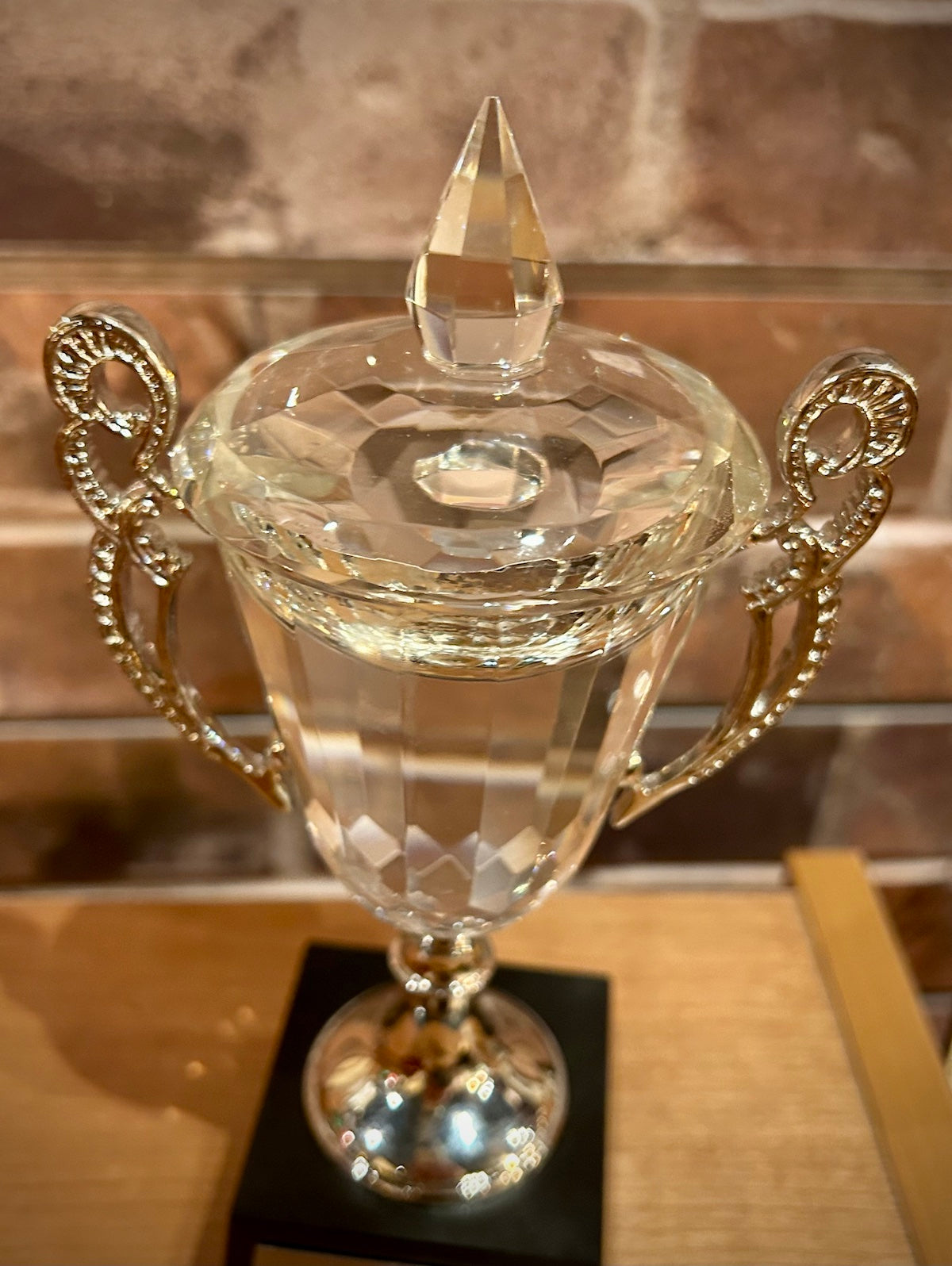 Crystal Trophy Cup with Silver Handles & Stem on Black Marble Base