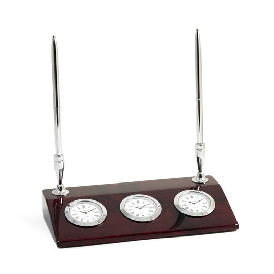 Rosewood & Chrome 3 Time Zone "Tokyo" Desk Clock Pen Stand