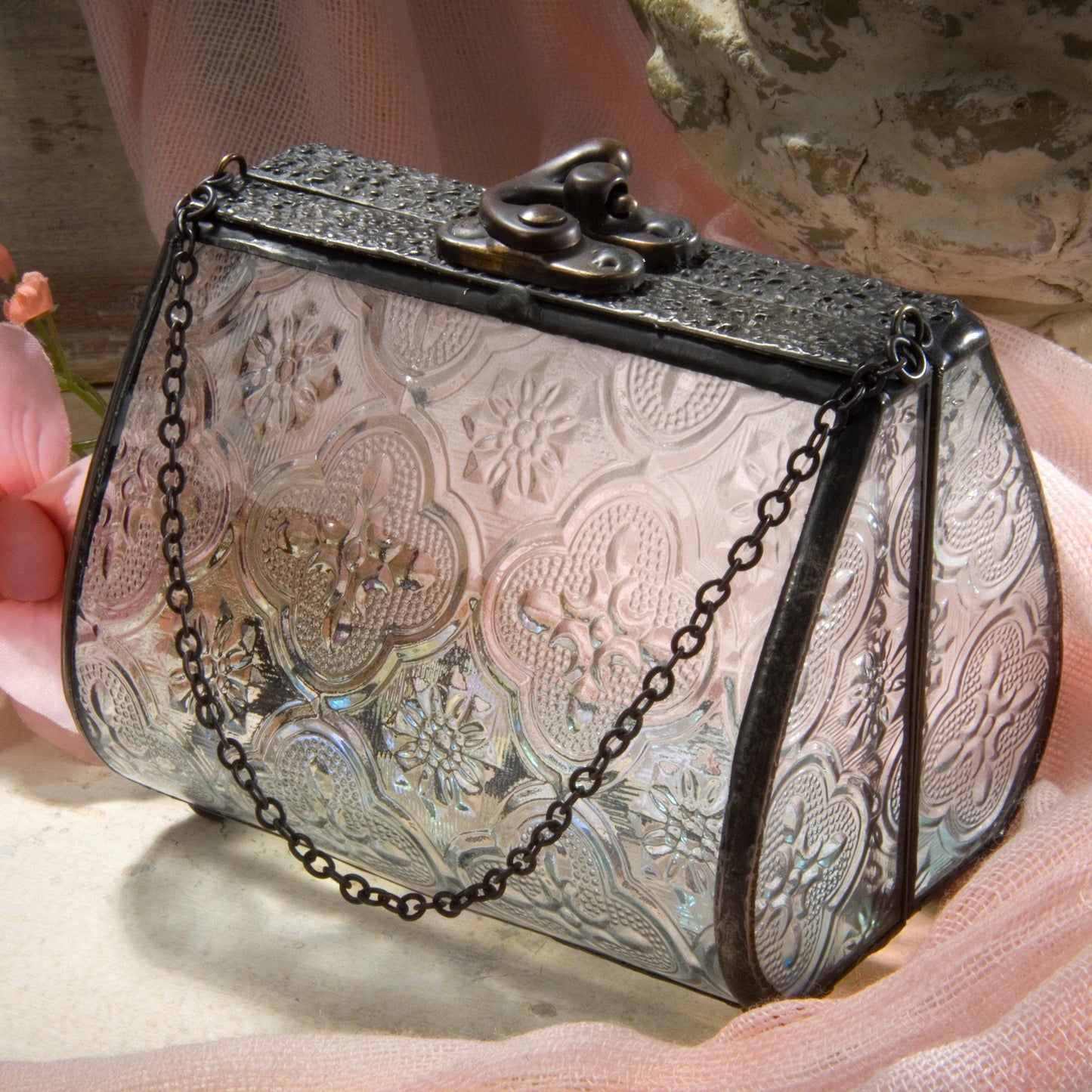 Glass Purse Keepsake Box with Vintage Patterned Glass