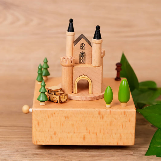 Handcrafted Wind-Up Wooden Castle Music Box