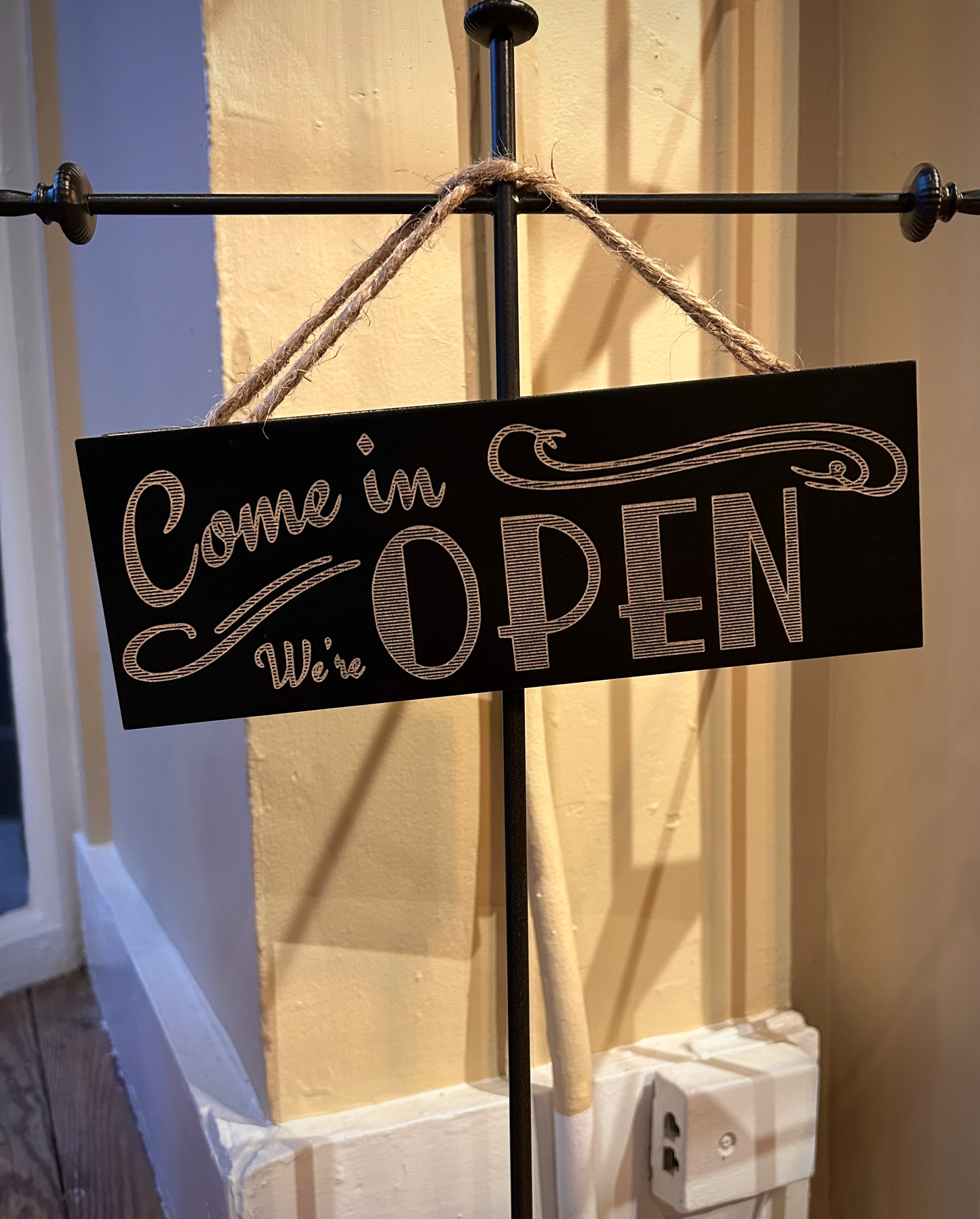 Handmade Painted Wood & Rope Hanging Sign (Black or White)