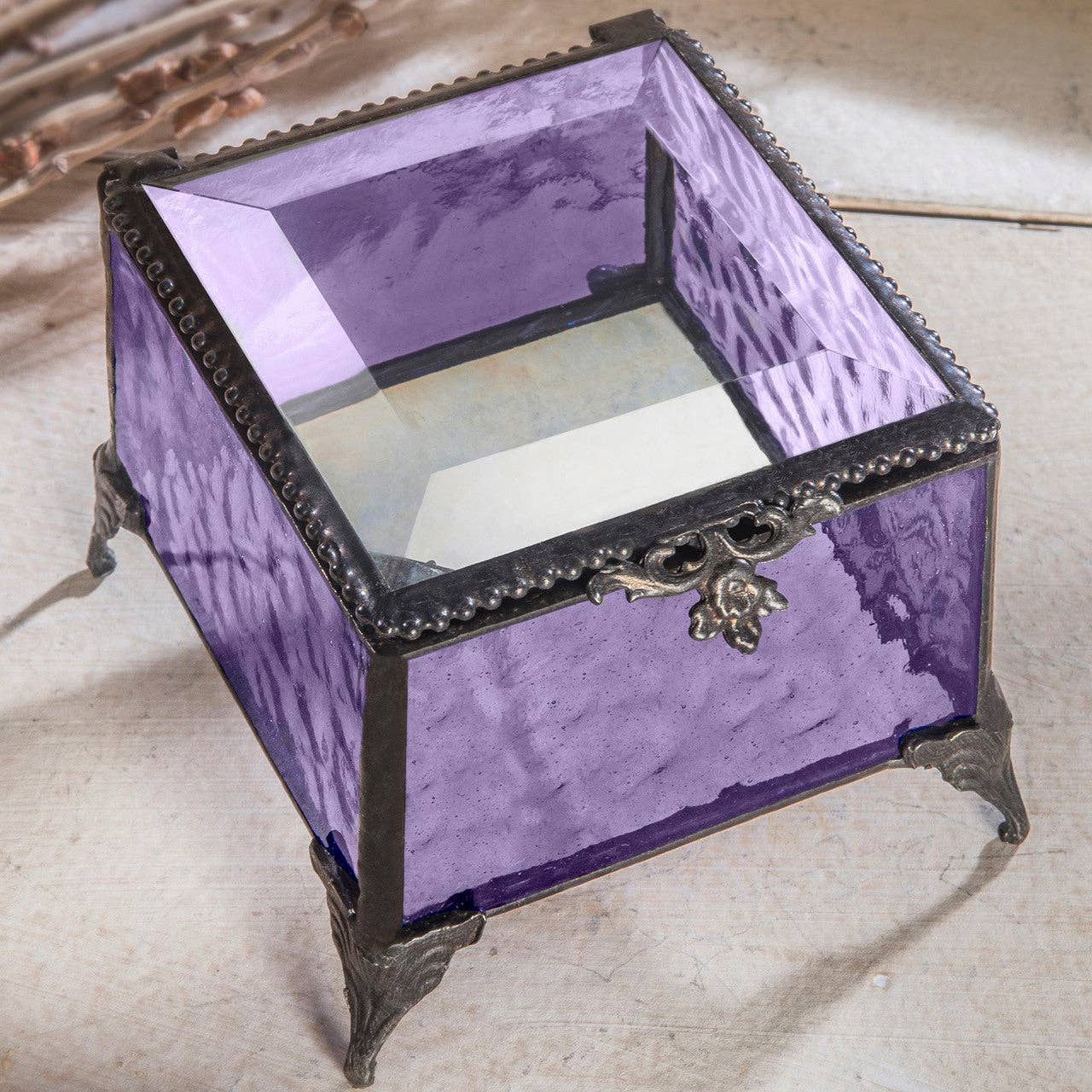 Purple Stained Glass Jewelry Box with Beveled Lid & Filigree Lift