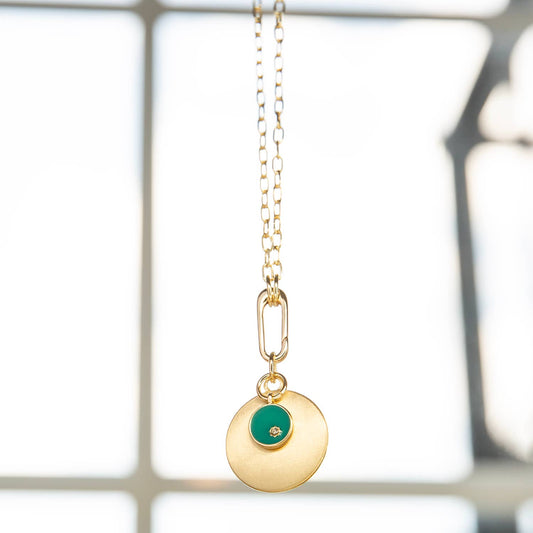 Gold and Teal Double Disc Pendant Necklace