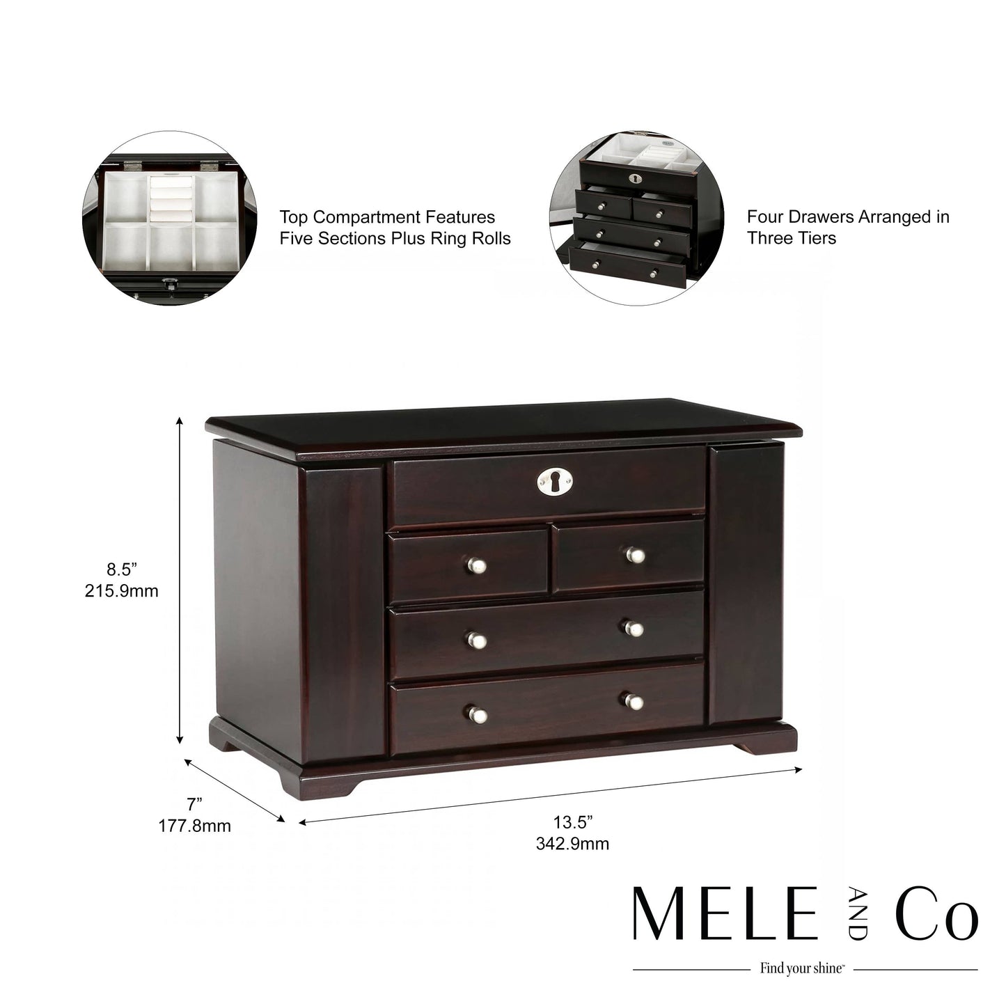 Mele & Co. "Ellington" Dark Mahogany Wooden Jewelry Box