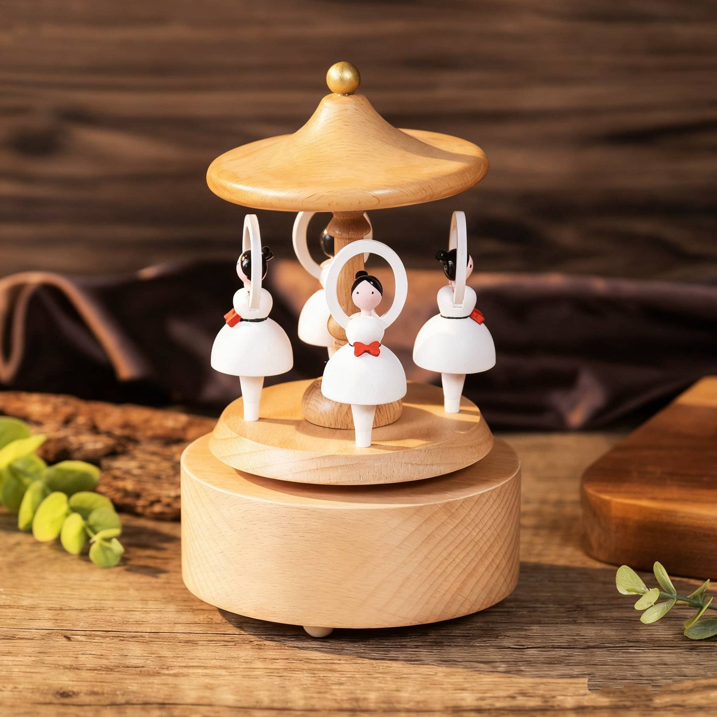 Wooden Red Bow Ballerina Girl Music Box Handcrafted Wind-Up