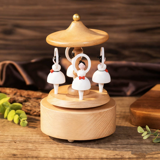 Wooden Red Bow Ballerina Girl Music Box Handcrafted Wind-Up