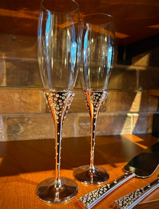 "Galaxy" Rose Gold with Crystals Champagne Toasting Flutes