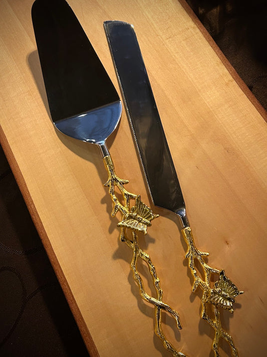 Gold Twig with Butterfly Accent Handle Cake Knife & Server