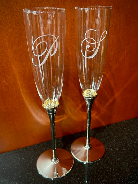 Gold Ring Band Silver Stem Champagne Toasting Flutes